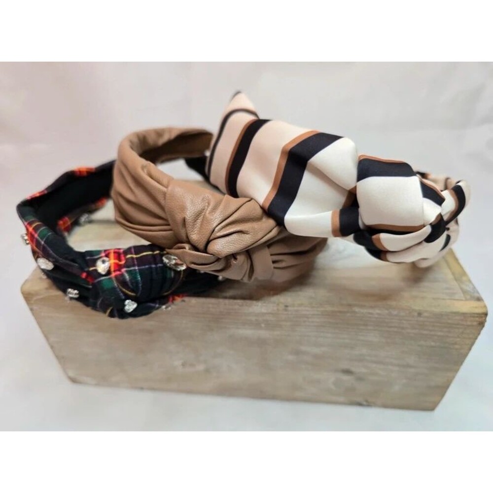 Lot of 3 Women's Knotted Headbands Plaid Rhinestone Faux Leather Striped